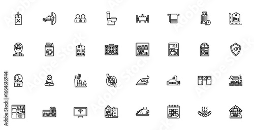 Hotel and resort icon set. Vector illustration. Includes symbols for discount, taxi, luggage, room, booking, swimming pool, breakfast, reception and more. Editable stroke.