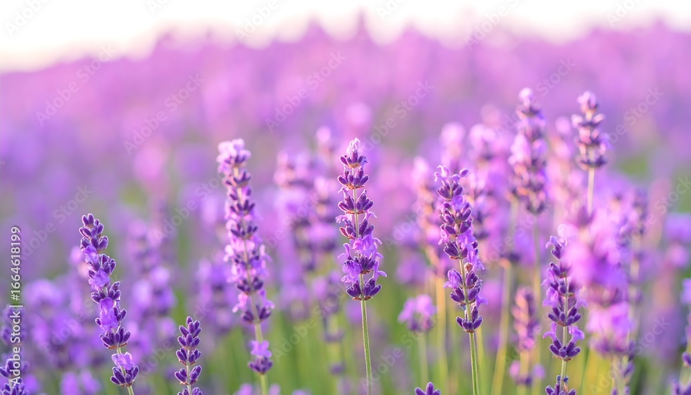 Obraz premium A field of vibrant purple lavender flowers in soft focus, showcasing a calming and serene atmosphere.