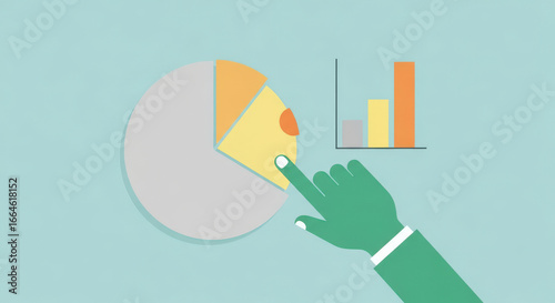 Analyzing Market Share and Business Strategy A Stylized Hand Interacting with a Pie Chart and Bar Graph on a Light Blue Background, Illustrating Data Analysis
