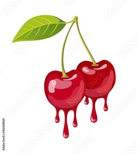 Red dripping cherries. illustration in hand drawn cartoon style isolated on white. Cute coquette cherries love design