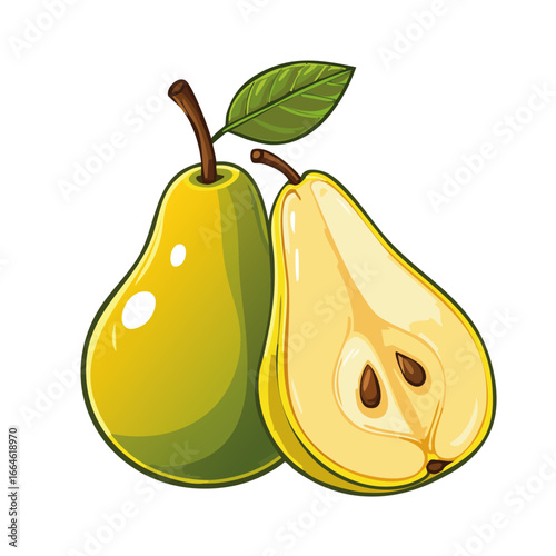 Pear whole and half vector illustration color . Image of ripe fruit layout for packaging and design.	