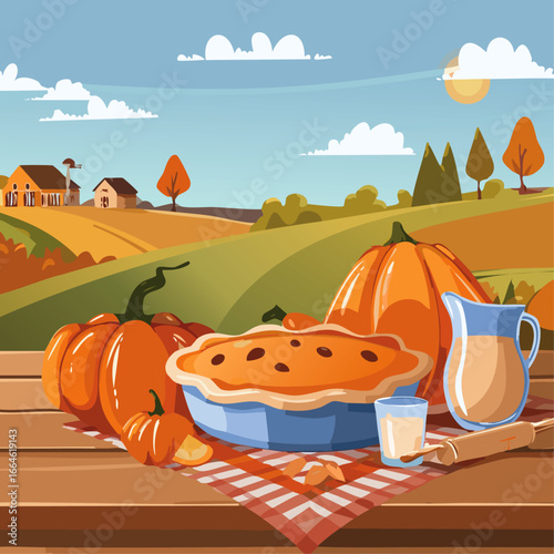 Ingredients for making pumpkin pie on the table vector color illustration. Home baking process image and autumn mood for cooking.