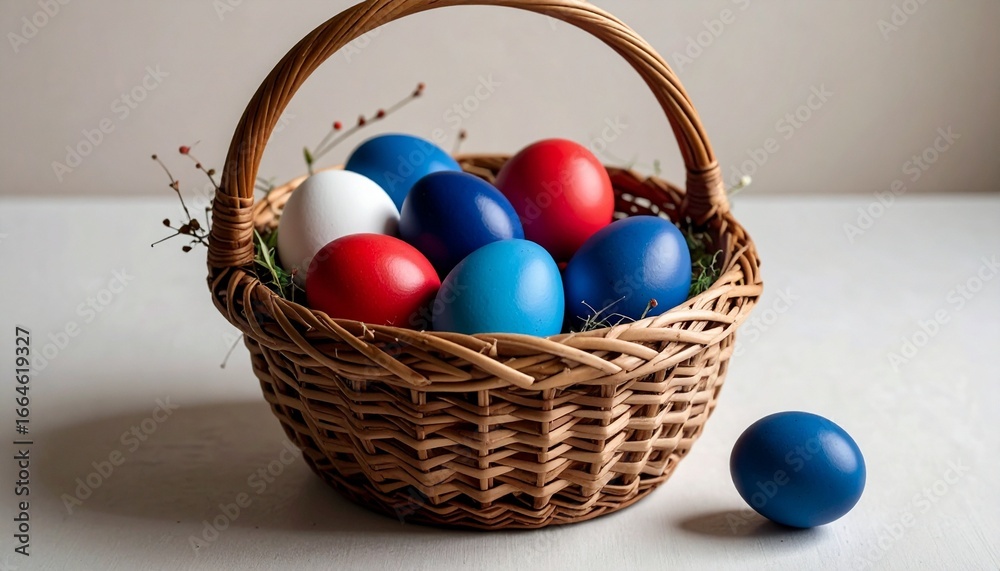 Naklejka premium Wicker basket with colorful eggs and festive twigs.