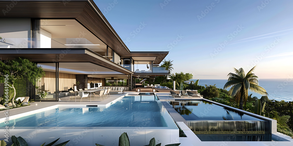 Fototapeta premium Luxury modern villa with infinity pool overlooking ocean at sunset 