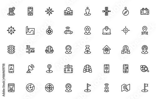 Location icon set. Minimal vector pin symbols. Navigation and map marker collection. Includes compass, direction, GPS, route, target, traffic, radar, and location sharing. Editable stroke.