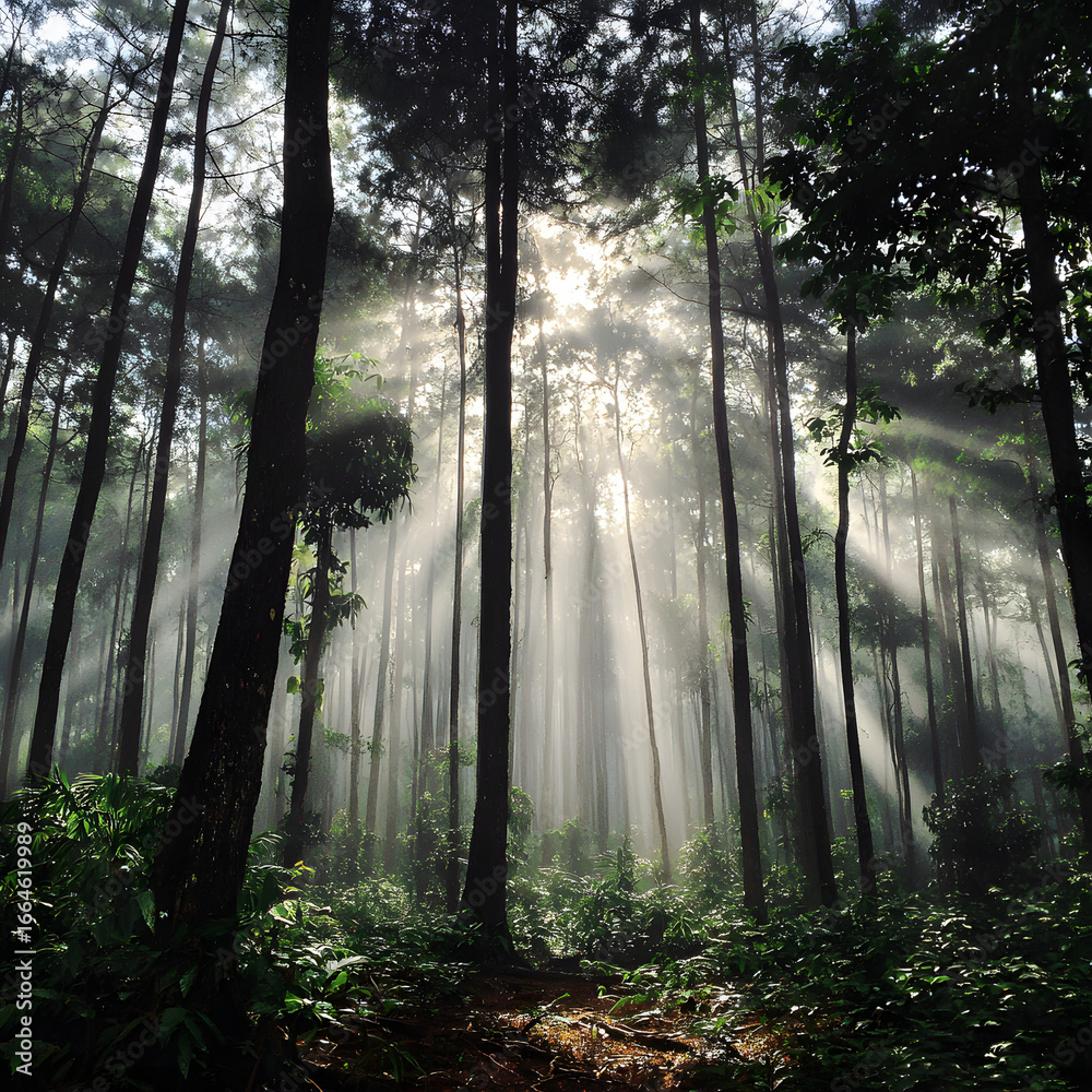 Naklejka premium Sunlit Forest Scene with Tall Trees and Rays of Light in Foggy Green Woods