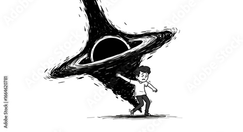 Boy Facing Cosmic Vortex Gravity Pulling Everything Toward Black Hole Concept Art