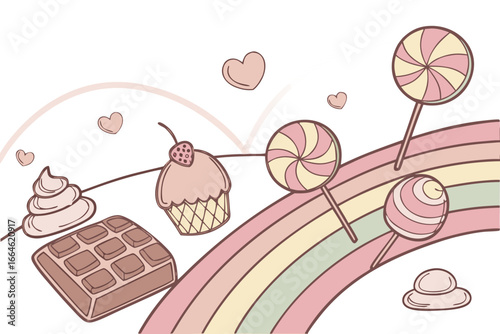 Illustration of various sweets and a rainbow, , perfect for a birthday party or valentines day card