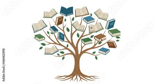 A Tree Bearing Fruit of Knowledge Represented by Open Books and Textbooks Isolated on White Background