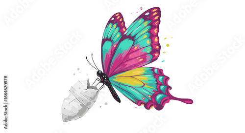 Metamorphosis Concept Butterfly Emerging from Cocoon Isolated on White Background