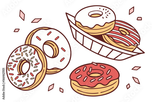 Illustration of assorted donuts with colorful glaze and sprinkles, perfect for bakery or dessert themed designs