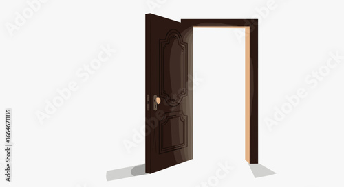 Dark brown wooden door open with bright light shining through isolated on white background symbolizing opportunity and new beginnings