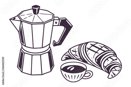 Vector art of moka pot, cup of coffee and croissant, a delightful breakfast illustration with italian espresso maker and pastry