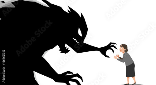 Businesswoman Confronting a Large Scary Shadow Monster with Open Hands Isolated on White Background