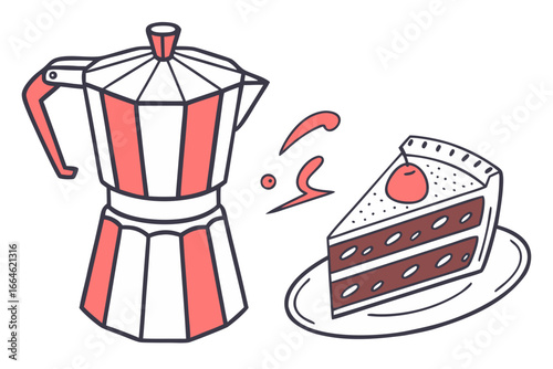 Vector art of enjoy a delightful breakfast with coffee maker and cake slice, , perfect for a cafe menu or restaurant promotion