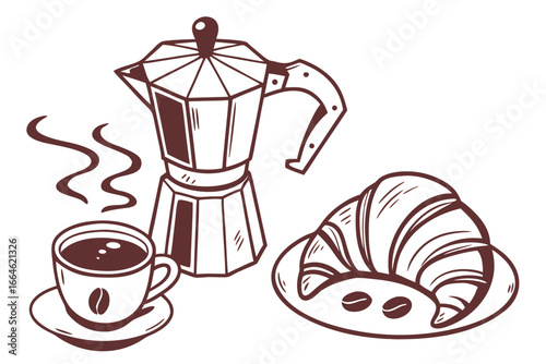 Vector art of enjoy a delightful breakfast with coffee cup, moka pot and croissant, , perfect for cafe or restaurant