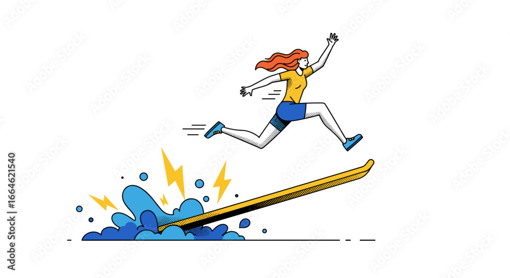 Fototapeta premium Energetic young woman jumping over obstacle on splashy surfboard isolated on white background