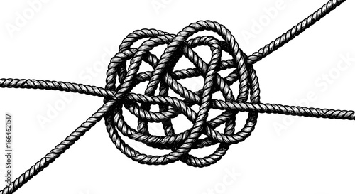 Intricate rope knot tightly bound and interlaced creating a complex circular pattern symbolizing connection and strength