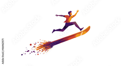 Man leaping over obstacle on rocket leaving fiery trail isolated on white background