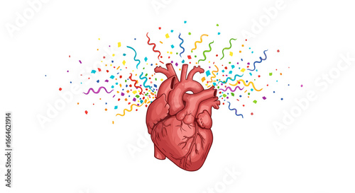 Celebration of Health and Vitality Human Heart with Confetti and Streamers Isolated on White Background