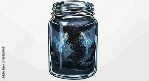 Capturing The Ferocious Power Of A Thunderstorm Inside A Glass Jar Isolated On White Background