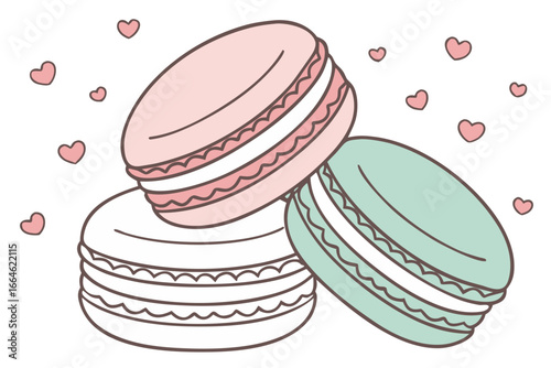 Vector art of stack of three colorful macaroons with heart decorations, a sweet and delicious dessert, perfect for bakery or cafe