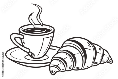 Illustration of a cup of coffee with steam and a croissant, a delicious breakfast