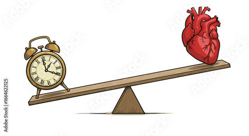 Heart and Alarm Clock Balance on Seesaw Representing Time Value of Life or Health Decisions