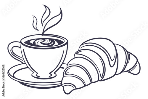 Vector art of a delightful cup of coffee with a freshly baked croissant, a perfect start to the day