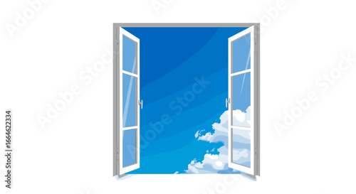 Open Window Reveals Bright Blue Sky With Fluffy White Clouds Isolated On White Background