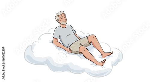 Elderly man relaxing peacefully on a soft white cloud isolated on white background