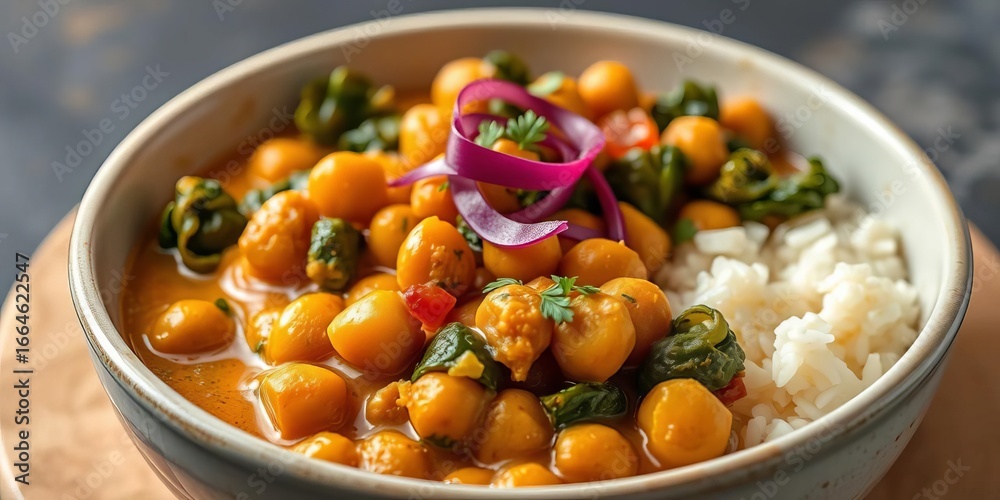 Vibrant chickpea and kale curry with fluffy rice, top view, home cooking Vibrant chickpea and kale curry with fluffy rice, top view, home cooking