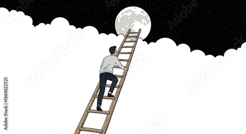 Man climbing wooden ladder into the full moon above white clouds on starry night sky