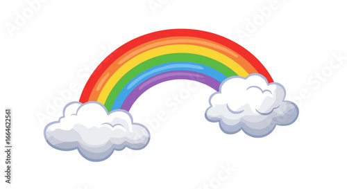 Vibrant Cartoon Rainbow Arching Over Fluffy Clouds Isolated on White Background