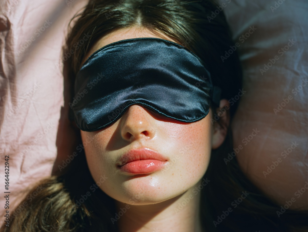 Fototapeta premium A close-up view of a woman resting comfortably in bed, a dark silk sleep mask covering her eyes, showcasing a serene and tranquil mood.