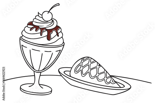 Vector art of ice cream sundae with cherry and chocolate sauce and a slice of pie