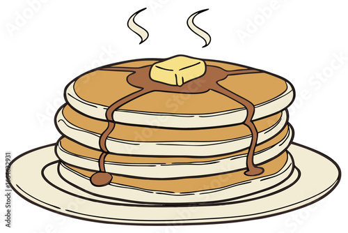 Vector art of a stack of warm pancakes with butter and syrup on a plate, a comforting breakfast meal