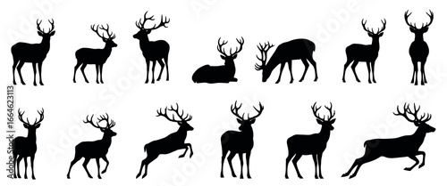 set of silhouettes of christmas deer on white background.