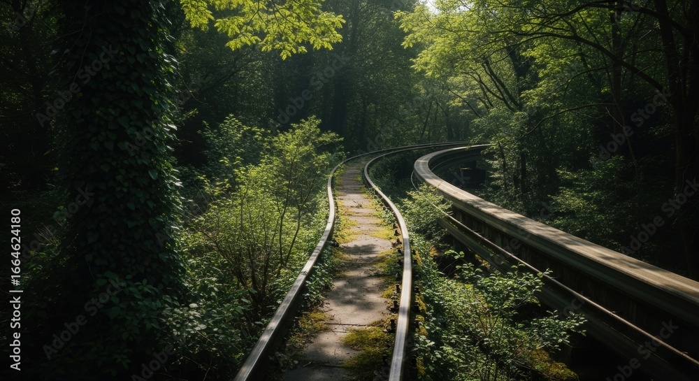 Fototapeta premium Abandoned railroad track winding through a lush green forest, overgrown with moss and ivy. Nature reclaiming old infrastructure concept.