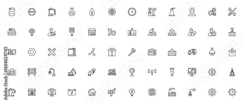 Construction icon set. Industrial vector icons. Includes symbols for barrel, robotic arm, factory, worker, tools, machinery, construction vehicles, and more. Editable stroke.