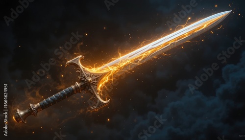 Unleash the power of this ancient, glowing sword emanating fiery energy, perfect for fantasy, gaming, or epic storytelling projects