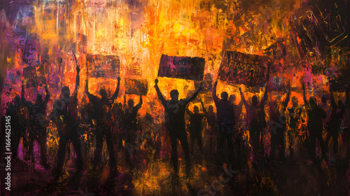 A vibrant and emotional protest painting, with figures holding banners and demanding equality for all.