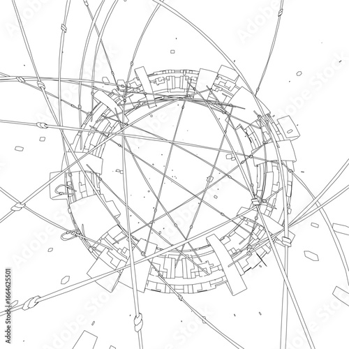 A black and white sphere radiates contour lines like a space station, set against a stark white background.