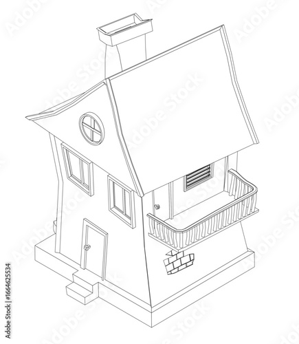 A charming toon house with a welcoming porch and chimney, sketched in clean black contour lines on a white background. This free printable coloring page is perfect for children's creative activities.