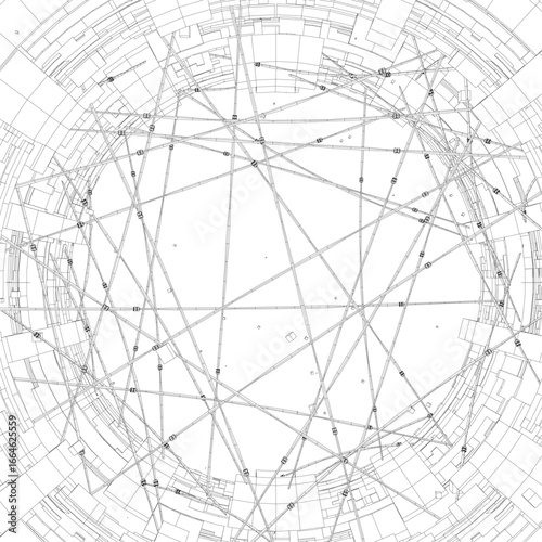 A black and white wireframe drawing of a circular space station composed of intricate lines and numerical data points.