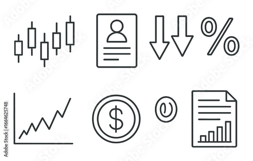 Financial icon set featuring trends, charts, and percentage symbols