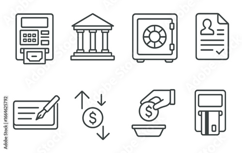 Banking icon set featuring atm safe deposit document check money hand currency exchange