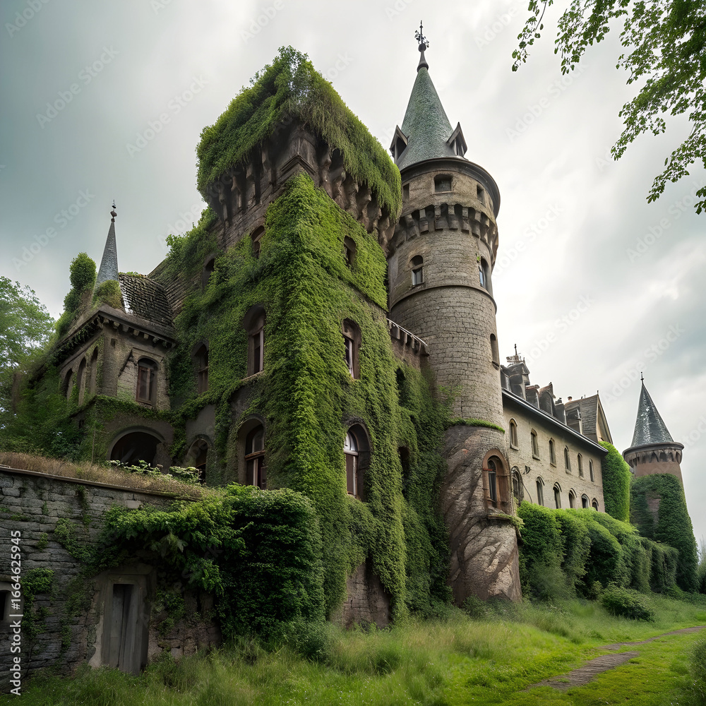 Fototapeta premium Mysterious abandoned gothic castle covered in twisting vines, blending eerie beauty with architectural decay for haunting