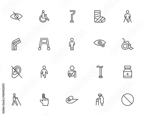Disabled icon set. Vector illustration. Accessibility symbols. Includes hide, wheelchair, walking stick, injured, amputation, deafness, medicines, and more.