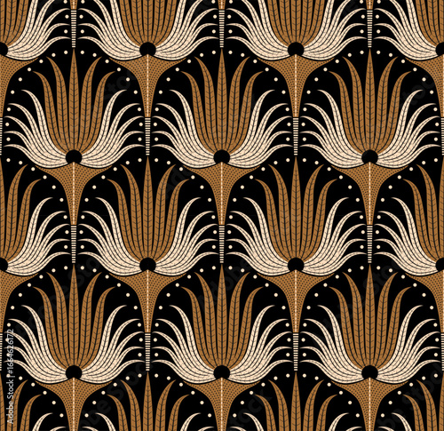 art deco palm leaves fans scallops in ochre beige brown cream on black background seamless pattern vector illustration repeat design print